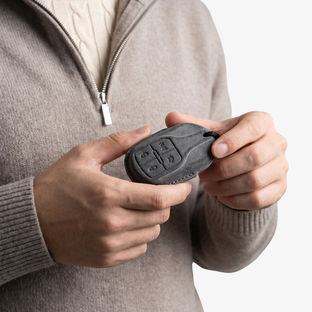 Alcantara Car Key Fob Cover for Maserati Model A with Buckle - Space Grey 2