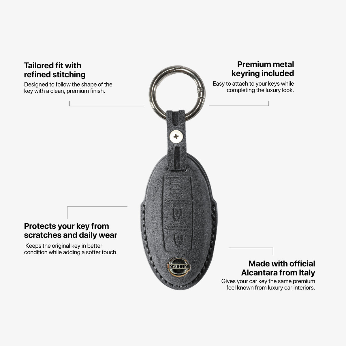 Alcantara Car Key Fob Cover for Nissan Model A - Space Grey