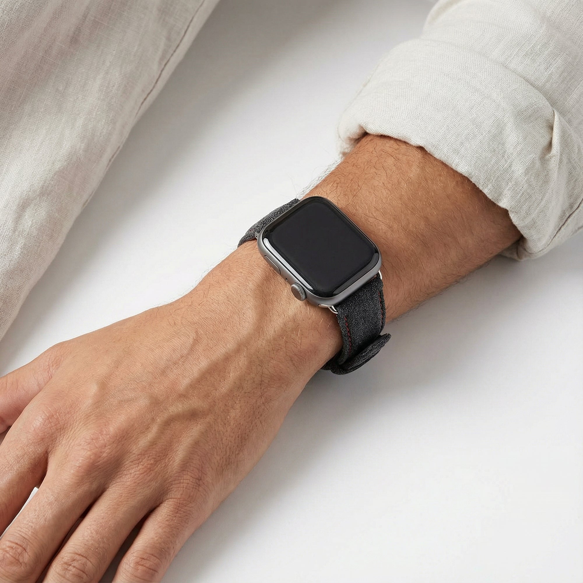 Alcantara Apple Watch Band With Buckle - Space Grey With Red Stitching - 42/44/45/46mm & Ultra (49mm) - Alcanside