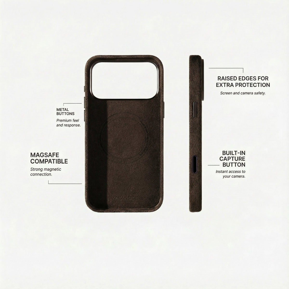 Alcantara iPhone 18 Pro case with MagSafe and metal buttons