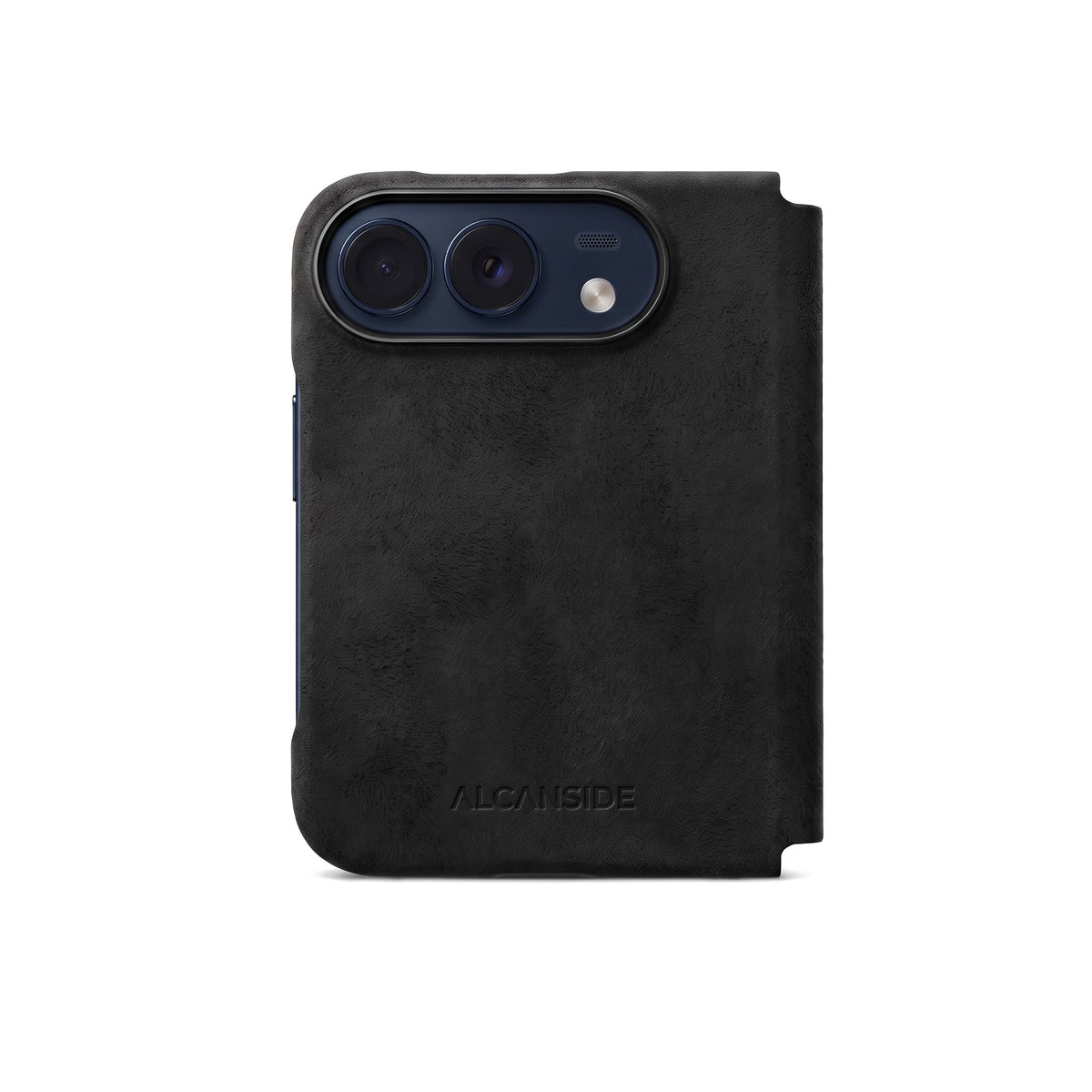 Deep Black Alcantara folio case for iPhone Duo, back view with the camera