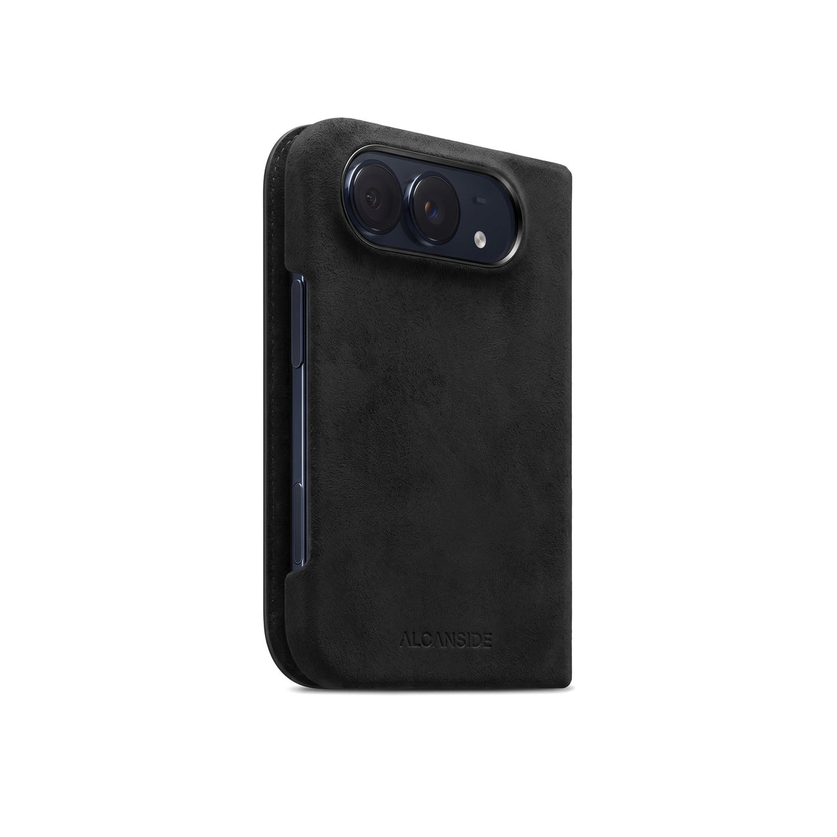 Deep Black Alcantara folio case for iPhone Duo, side view with the button cutout
