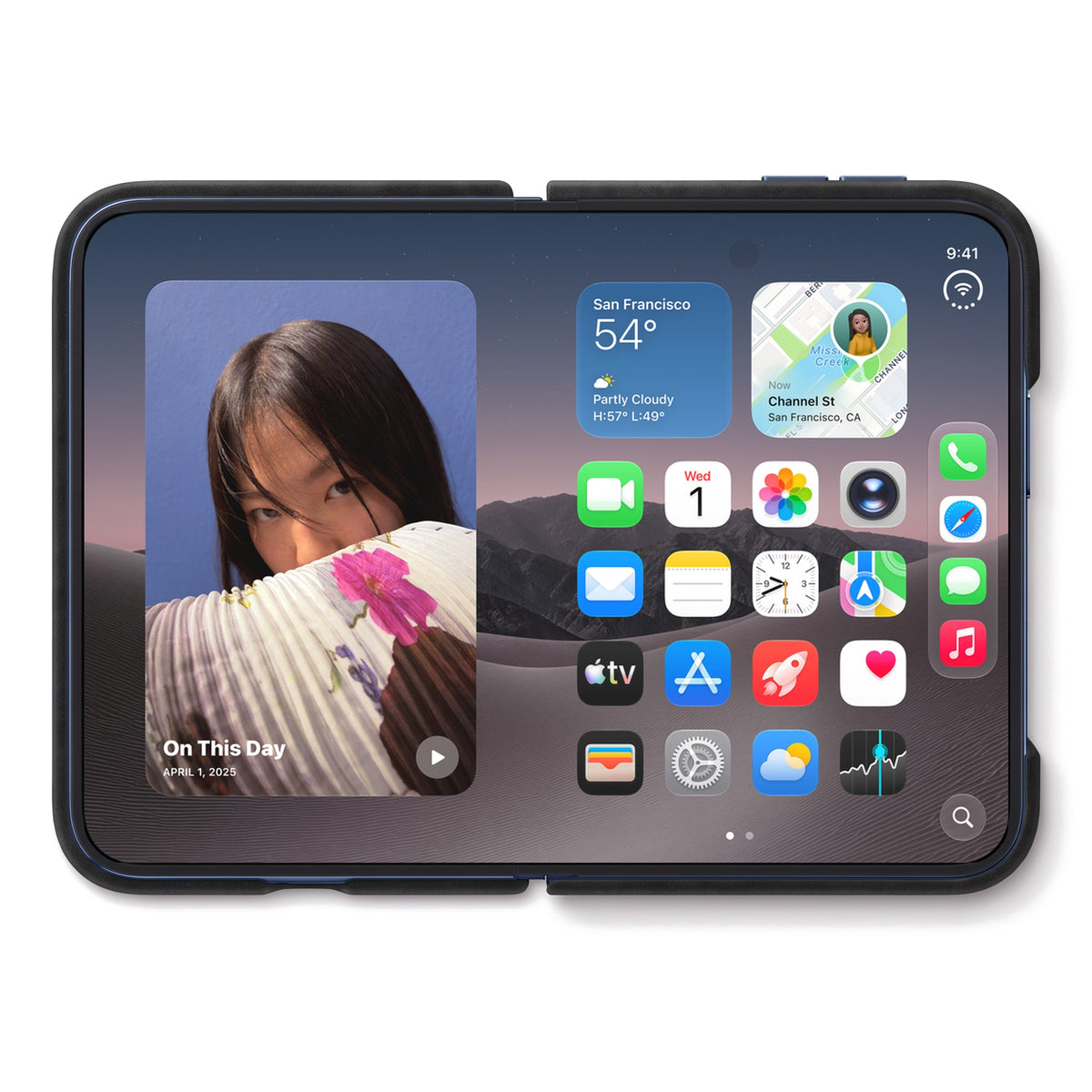 iPhone Duo unfolded in the Deep Black Alcantara folio case